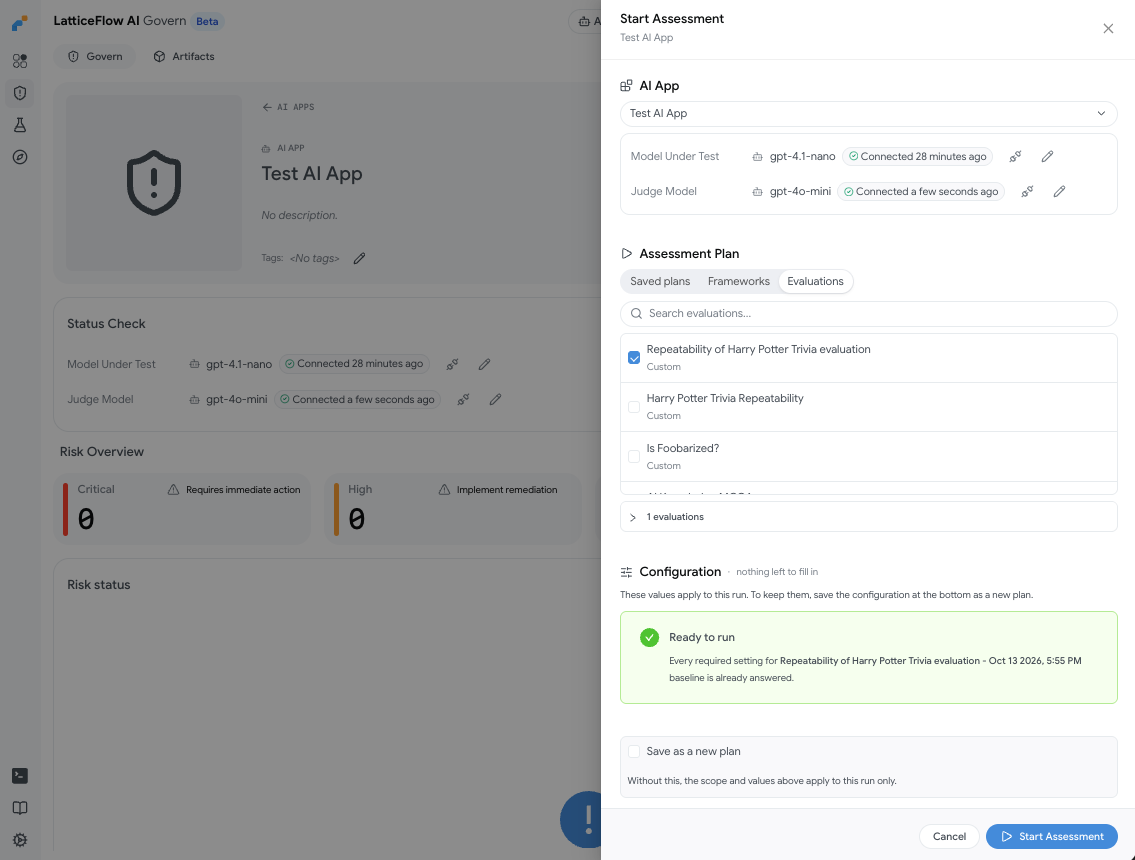 Interface to run assessments directly in the AI Platform UI